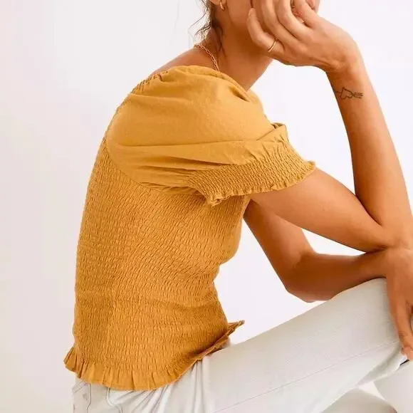 Madewell Lucie Gold Puff-Sleeve Smocked Bodice Top Size Medium NWT - Picture 3 of 11